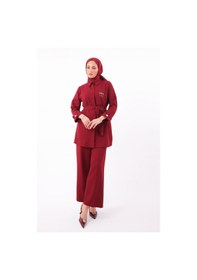 Resim Balenbi Gömlek Yaka Beli Kuşaklı Double Krep Dokuma Tesettür Takım 1181 Bordo 