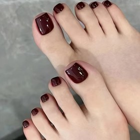 Resim 24 Adet Parlak Karmen Burgundi Basınçlı Ayak ve El Tırnakları - Kare Kısa Yeniden Kullanılabilir Sahte Tırnaklar, Pedikür & Manikür için Kolay Uygulama, Dayanıklı Salon Kalitesinde Tırnak Stickerları, Manikür Aksesuarları 