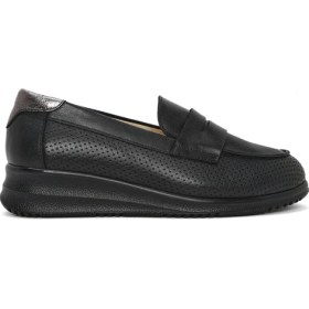 Resim Derimod Kadın Siyah Dolgu Topuklu Deri Comfort Loafer 26PFD410418 