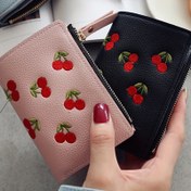 Resim 1 adet Kadın Kiraz Nakışlı Cüzdan, Günlük İnce Fermuarlı Polyester Astarlı ve Fermuarlı Cep, Küçük Deri Cüzdan 