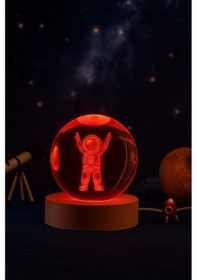 Resim 3d Astronot Küre Kristal Led Gece Lambası Usb'li Ahşap Standlı Led Masa - Gece Lambası Rgb Led 