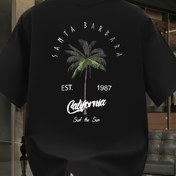 Resim Erkekler İçin %100 Pamuklu Ağır Kalın Vintage California Desenli Tişört - Santa Barbara Palmiye Ağacı & "Güneş Sesi" Baskı, Bol Kesim Büyük Beden Kısa Kollu Yazlık Plaj ve Sokak Stili Rahat Tişört, Konforlu Kumaş, Bahar/Yaz Giyimi, Gevşek Tarz 