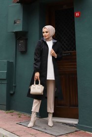Resim Vibeys Collection Siyah İçi Çizgili Ve Kapüşonlu Su Geçirmez Kadın Trençkot 