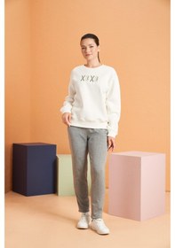 Resim Pjs Xoxo Kadın Baskılı Uzun Kollu Sweatshirt Çizgili Eşofman Takım Ekru 