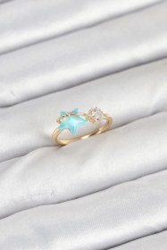 Resim Ceylan Adam Pirinç Gold Renk Mavi Yıldızlı Model Kadın Yüzük Çok Renkli 