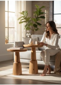 Resim ASELYA HOME Doğal Ahşap 2’li Set Mantar Yan Sehpa Modern Fiskos Zigon Çiçeklik 