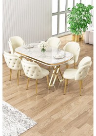 Resim Canisa Zae Serisi 90x168 Lak Panel Beyaz Mermer Desen Gold Ayak Masa Takımı 6 Krem Sandalye Beyaz Mermer Desen Masa Sandalyeler Siyah 