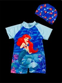 Resim Lolliboomkids Kız Çocuk Deniz Kızı Temalı Kısa Kol Şortlu Hipster Hassas Ten Mayo Ve Bone Takımı 2 'li Set Mavi 