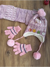 Resim Blotch Kız Çocuk Pembe Renk Renkli Düğme Detaylı Cicili Atkı Bere Eldiven Takımı 