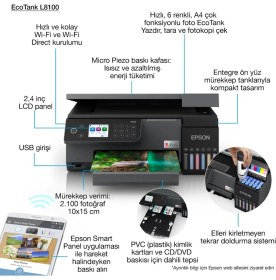 Resim Epson Wi-Fi + Tarayıcı + Fotokopi Renkli Çok Fonksiyonlu Tanklı Mürekkep Püskürtmeli Ecotank L8100 Yazıcı 