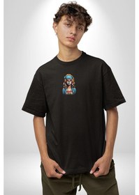 Resim Hippie Cesur Stil Dövmeli Kız Siyah Oversize Unisex Ön Orta Minimal Baskılı Tişört Siyah 