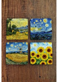 Resim Doğal Taş Bardak Altlığı - Van Gogh Aı Eserleri Baskılı 10x10cm Yapay Zeka Stone Coasters 485 Çok Renkli 