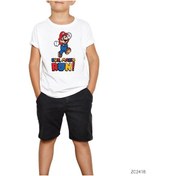 Resim Super Mario Run Run Beyaz Çocuk Tişört Siyah 