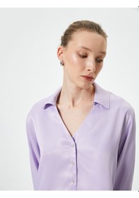 Resim Koton Viskon Crop Gömlek Düğmeli Uzun Kollu Lila 4sak60250uw Lila 