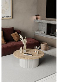Resim Faymend Kooky Modern Yuvarlak Beyaz - Meşe Ahşap Orta Sehpa '70cm' Krem 