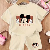 Resim Resmi Mickey 2 Parça Yazlık Erkek Çocuk Şort Takımı, Basit Karikatür "Mickey" Baskılı Tişört + Elastik Bel Baskılı Şortlar, Çocukların Çok Yönlü Rahat Giysileri, Erkek Çocuklar için Minimalist Nefes Alabilir Dış Mekan Kıyafeti 