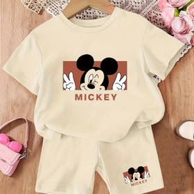 Resim Resmi Mickey 2 Parça Yazlık Erkek Çocuk Şort Takımı, Basit Karikatür "Mickey" Baskılı Tişört + Elastik Bel Baskılı Şortlar, Çocukların Çok Yönlü Rahat Giysileri, Erkek Çocuklar için Minimalist Nefes Alabilir Dış Mekan Kıyafeti 