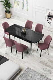 Resim Canisa Par Serisi 70x114 Açılabilir Mdf Yemek Masası Siyah Mermer Desen Masa Ve 6 Gülkurusu Sandalye Takımı 