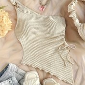 Resim Kadınlar için şık tek omuzlu dar kesim tank top - Düz Renk, Ruched Tasarım, Bağcıklı Detaylı, Bahar/Yaz Modası İçin İdeal, Rahat Yaz Giyimi|Minimalist Tarz|Düğme Detayları 