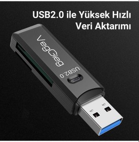 Resim VegGieg Usb 2.0 SD ve Micro SD Hafıza Kart Okuyucu Siyah 