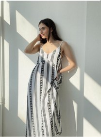 Resim Retrobird Tasarım June Askılı Yırtmaçlı Elbise Kadın Siyah - Beyaz-13908 Siyah - Beyaz 