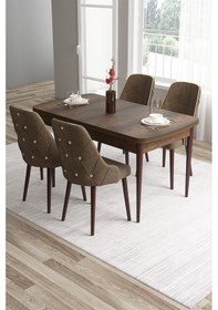 Resim Canisa Tia Serisi 80x132 Açılabilir Mdf Barok Ahşap Desen Gold Detay Masası Takımı Ve 4 Kahve Sandalye Masa Barok Ahşap Desen Sandalye Kahve 