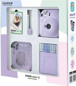 Resim Fujifilm Instax Mini 12 Fotoğraf Makinesi + 10'lu Film + Simli Pleksi Kılıf + Mandal + Kıskaçlı Standı Lila 
