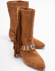 Resim Selora Taba Süet Püsküllü Hakiki Deri Tokalı Kadın Western Bot Taba Süet 