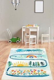 Resim Pelangi Bulut Gökkuşağı Güneş Renkli Çiçekler Desenli Yıkanabilir Kaymaz Taban Leke Tutmaz Çocuk Odası Halı, Mavi-Yeşil-Sarı 100 x 300, 7642013610030005 
