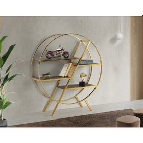 Resim Dekoratif Metal Çiçeklik Duvar Rafı Kitaplık 4 Bölmeli Gold-Ceviz Kurulu Gönderilir 