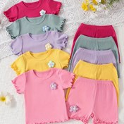 Resim Kız Çocukları için 0-6 Yaş Arası Kısa Kollu Tişört ve Pantolon Takımı, Yumuşak Esnek Polyester Kumaş, Rastgele Çeşit 