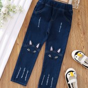 Resim Kızlar için Dar Kesim Nakışlı Kedi Desenli Kot Pantolon - Sevimli Karikatür Hayvan Tasarımı, Makinede Yıkanabilir Uzun Pantolon İlkbahar & Sonbahar Günlük Kullanım İçin 