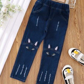 Resim Kızlar için Dar Kesim Nakışlı Kedi Desenli Kot Pantolon - Sevimli Karikatür Hayvan Tasarımı, Makinede Yıkanabilir Uzun Pantolon İlkbahar & Sonbahar Günlük Kullanım İçin 