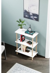 Resim Dekoratif 3 Raflı Ahşap Ayaklı Kitaplık Yan Sehpa Beyaz 