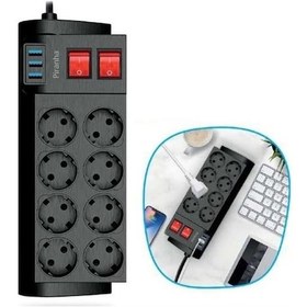 Resim Isıya Dayanıklı Termal Akım Korumalı 2 Metre 16a 4000w 8li Priz Ve 3 Usb Li Uzatma Kablosu 4247 