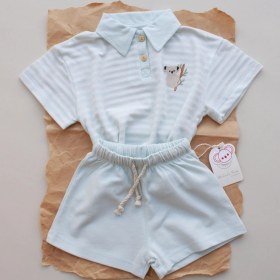 Resim Mavi Çizgili Koala Nakışlı Polo Yaka Şortlu Takım Mavi 