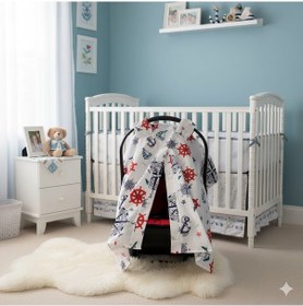 Resim Denizci Temalı Bebek Puset Örtüsü Çapa & Dümen Desenli Çıt Çıtlı Puset Örtüsü Açık Mavi 