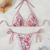 Resim Kadınların Çiçek Desenli Halter Yaka Bikini Üstü ve Yan Bağcıklı Alt Seti - Esnek Polyester-Spandex Karışımı, Dantel Kenar, Kolsuz Plaj veya Havuz Giyimi 