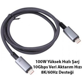 Resim Polham 1MT USB3.2 100W Thunderbolt Type-C to Type-C Şarj, Data ve 8K 60Hz Görüntü Aktarım Kablosu 