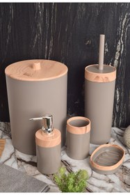 Resim bersachef Limpia Bambu Desenli 5'li Banyo Seti Çöp Kovası Sıvı Sabunluk Diş Fırçalık Kutusu Banyo Seti Krem 