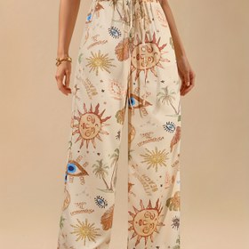 Resim Kadın Boho Hippie Baskılı Geniş Paçalı Pantolon - Güneş Çiçeği, Ay, Yıldız ve "Yaşa, Sev, Gül" Motifleri ile Casual Bell Bottoms, Lastik Bel, Hafif Yazlık, Ay Evresi Geniş Paçalı Pantolon 