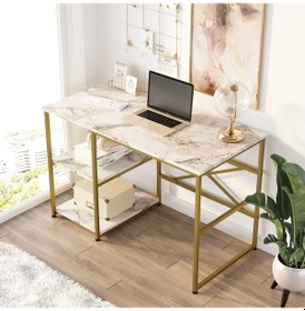 Resim Yurudesign Voyage Gold Metal Çalışma Masası Raflı 120Cm Mermer De 