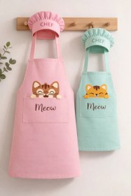 Resim Ays Home Şapkalı Pudra/mint Kedi Şef Anne Çocuk Mutfak Önlüğü Cepli Leke Tutmaz Pudra 