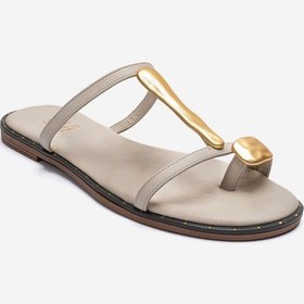 Resim Luvishoes Tessa Ekru Hakiki Deri Gold Tokalı Kadın Parmak Arası Terlik 