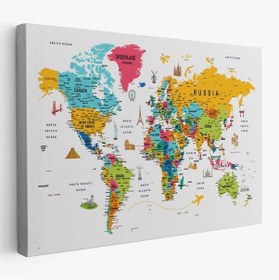 Resim Es10 Dünya Haritası Son Derece Ayrıntılı Eğitici ve Sembollü Kanvas Tablo 3213 (95 x 165) 