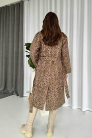 Resim Mine Tan Butik Leopar Desenli Kruvaze Astarlı Kadın Uzun Trençkot 