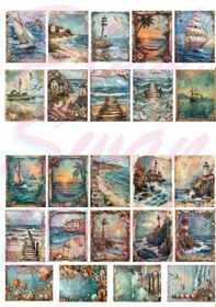 Resim Vintage Yağlıboya Denizcilik Tabloları Etiket Seti, Bullet Journal, Scrapbook, Plan, Ajanda, Sticker Diğer 