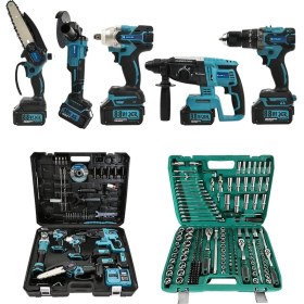 Resim Akülü 6 Lı Grup Set ( 5li Makina Seti Avuç Taşlama,kırıcı Delici,somun Sıkma Sökme,vidalama,budama Testere + 216 Parça Lokma Seti ) EEA432 