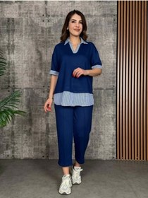 Resim Genel Markalar Kadın Modal Kumaş çizgili Gömlek Yaka Ikili Takım 