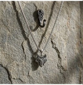 Resim Viking Kurt Başı Kolye Erkek 925 Ayar Gümüş Wolf Head Pendant Minimalist Nordic Erkek Kolyesi 